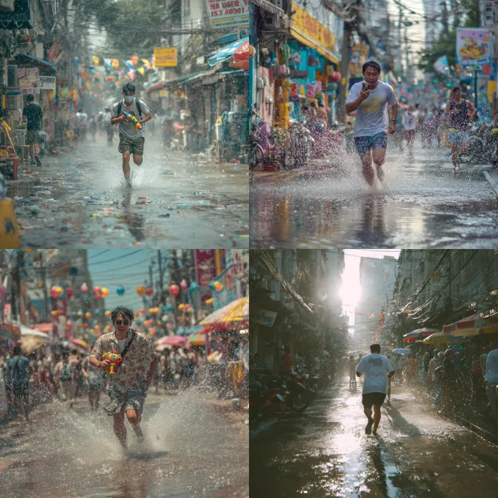 A wide shot of of Thai running through the alley d