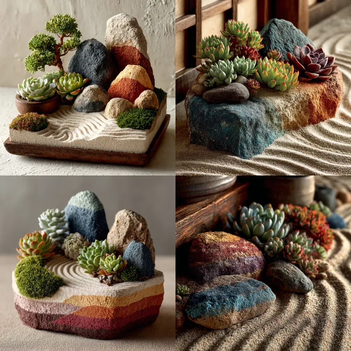 A zen succulent rock garden with carefully placed 