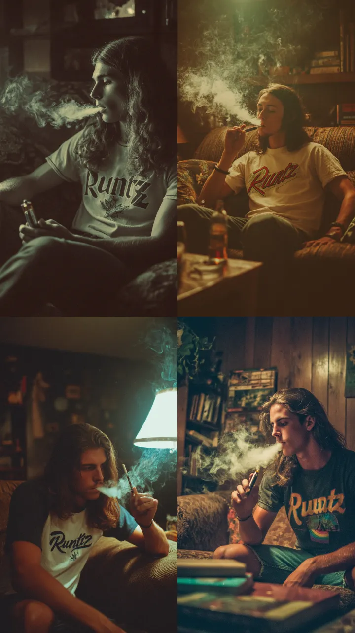 a 1970s male hippie teenager with long hair sittin