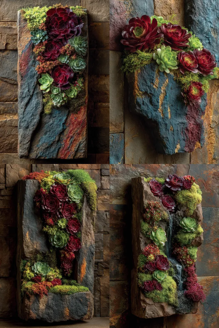 A vertical succulent garden with aeonium and crass