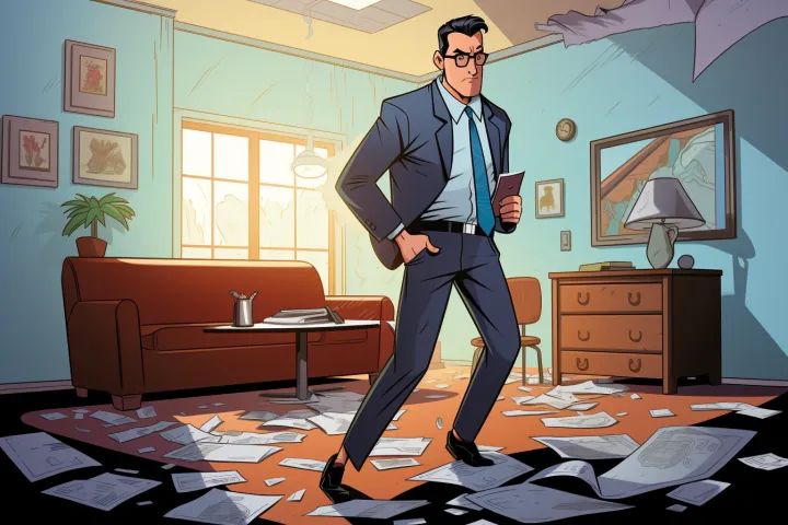 a stern-looking IRS agent wearing a dark suit and 