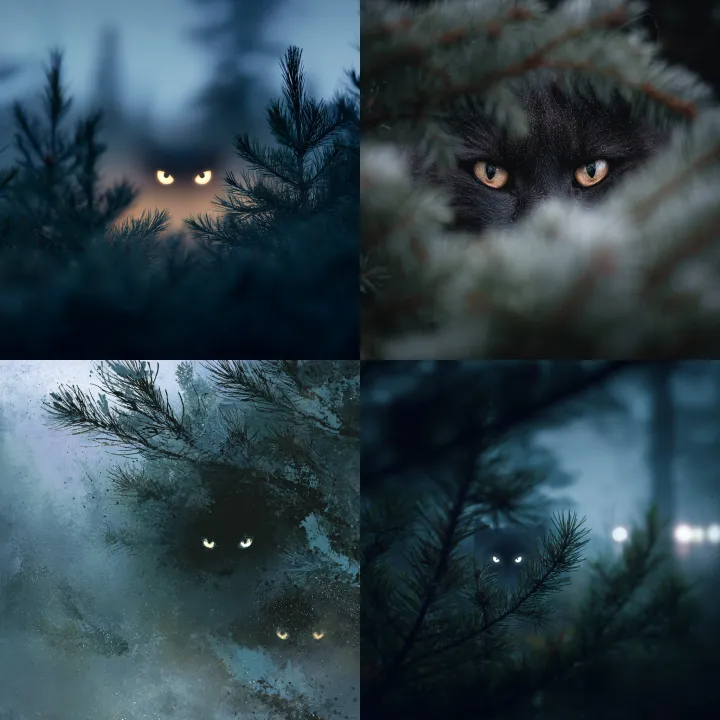 Close-up of a shadowy forest scene at night, focus