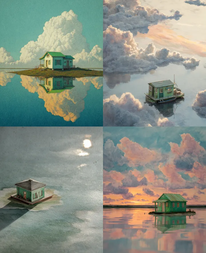 a small building on the water, with green paint an