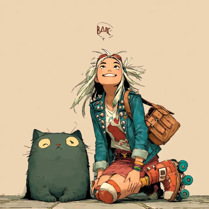 a cute black cat character sitting down with a lov