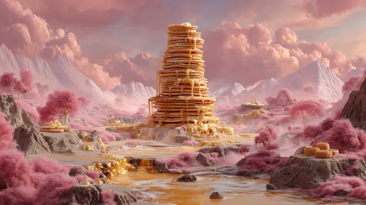 a pink fantasy landscape made entirely from breakf