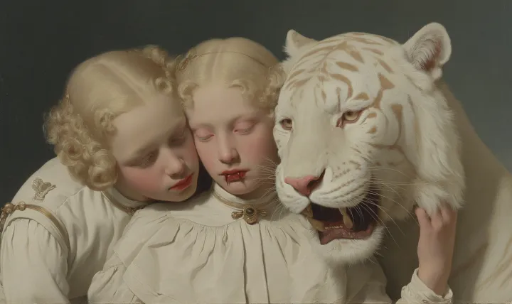 Blonde vampire children with fangs hugging a white