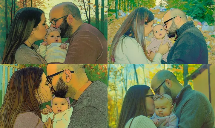 a tender family moment with dad , mom and baby . d