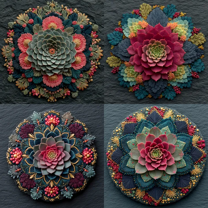 A succulent mandala arrangement with geometric ros