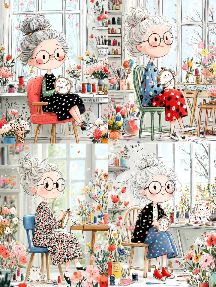Hand Drawing illustration elderly grandmother sitt