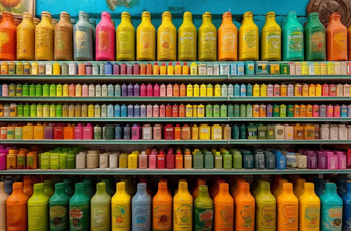 a supermarket shelf is filled with colorful spray 