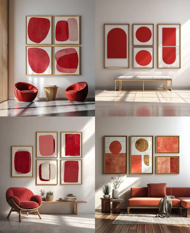 four red and white abstract shapes in gold frames 