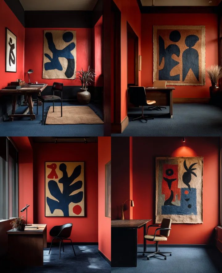 A Matisse-style painting on burlap in an office wi