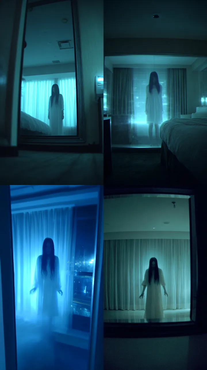 A realistic and eerie grainy video. A dimly lit lo