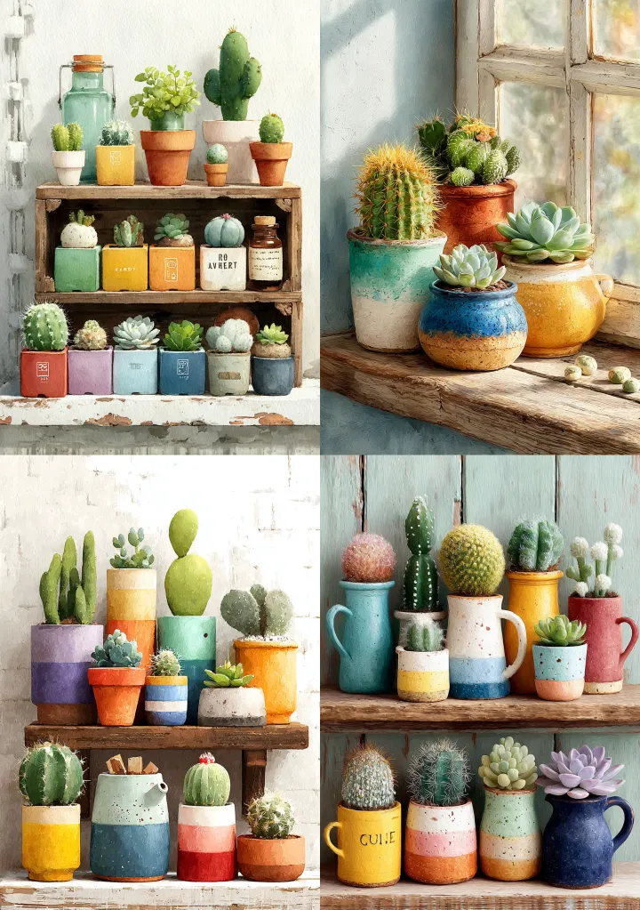 A windowsill collection with mini cacti and baby s