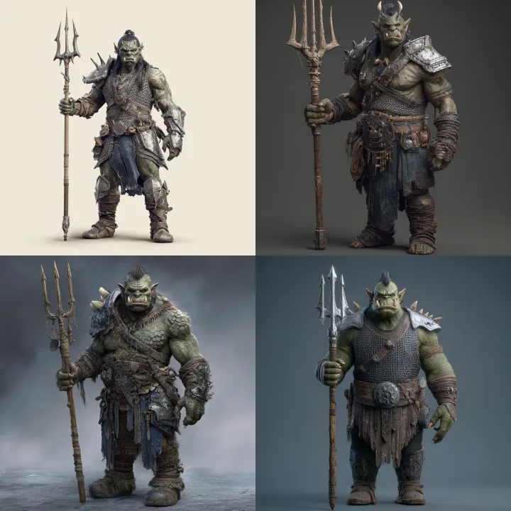 an orc holding a trident. He wears chainmail, and 