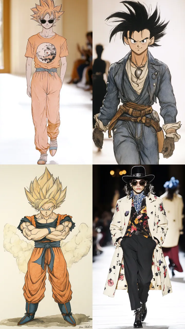 Dragonball Z , runway fashion --chaos 20 --ar 9 :1