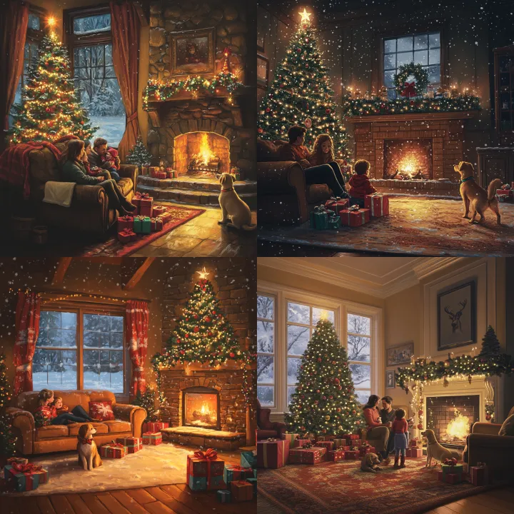 A cozy , realistic holiday scene : a warmly lit li