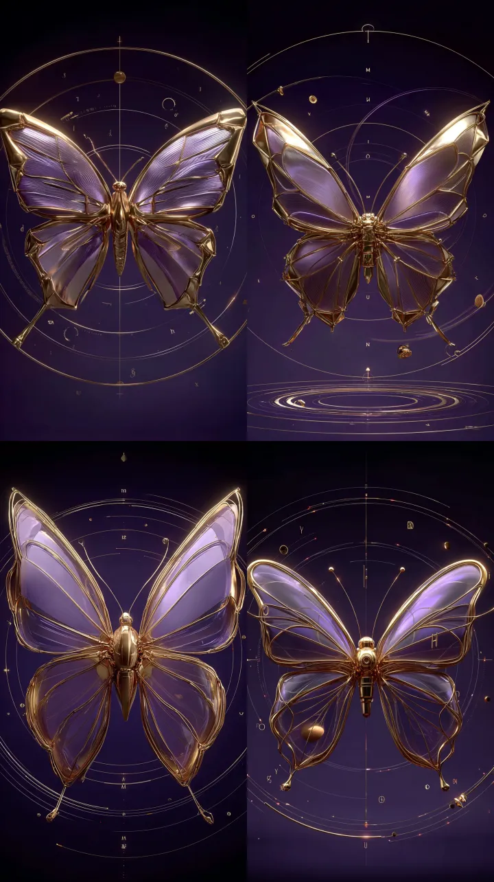 A front-facing metallic butterfly, fully opened li