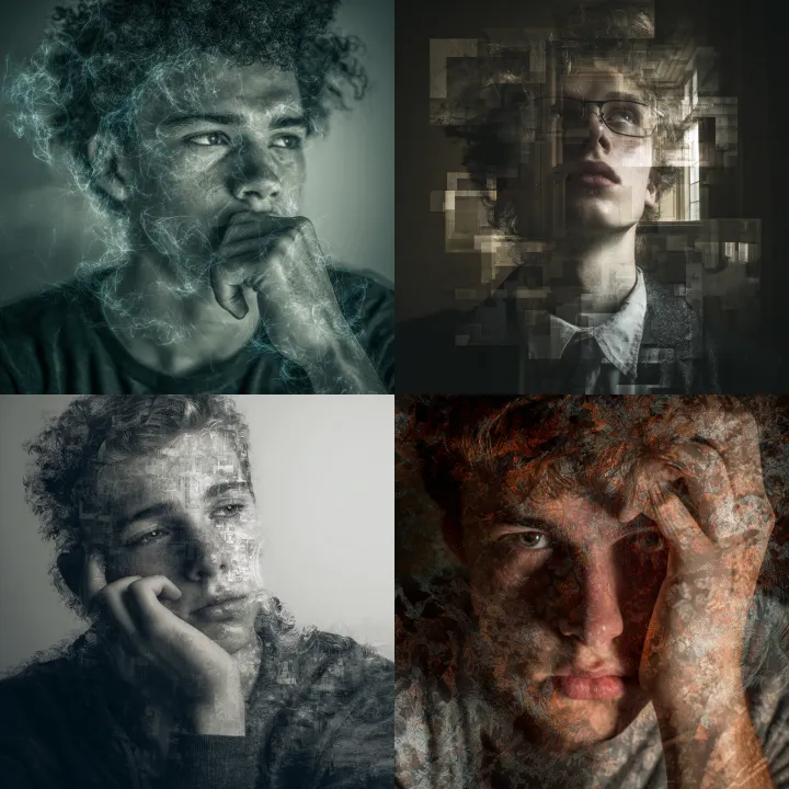 a surreal photograph of a young man thinking about