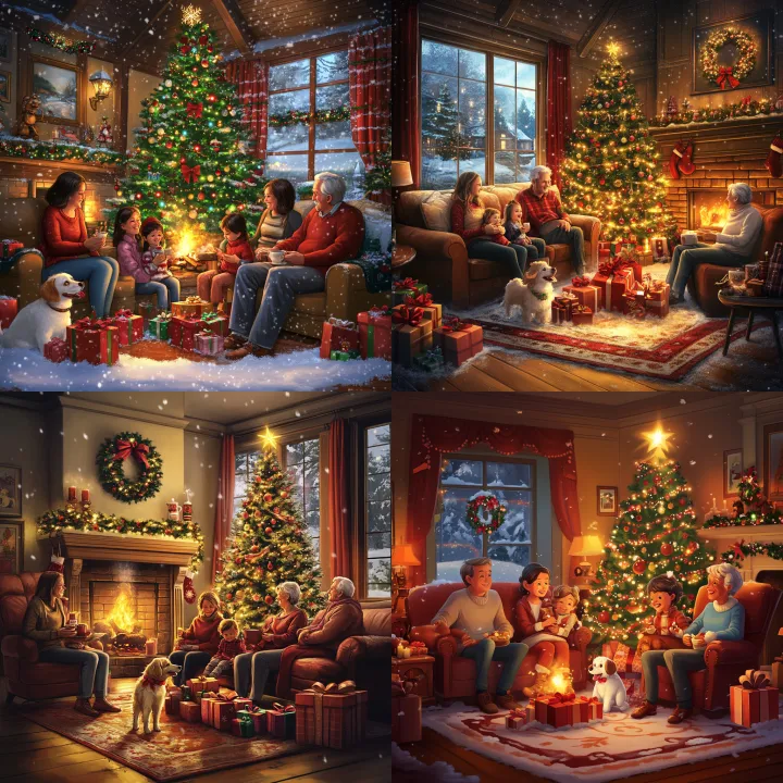 A cozy , realistic holiday scene : a warmly lit li