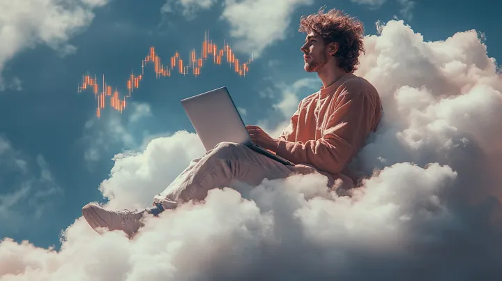 a man sitting on a cloud with a laptop, serene blu