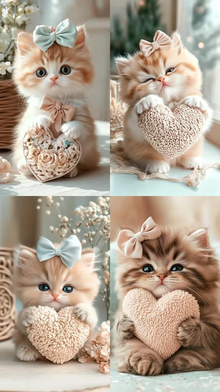 A fluffy, plump, cute, tiny kitten with a bow On t