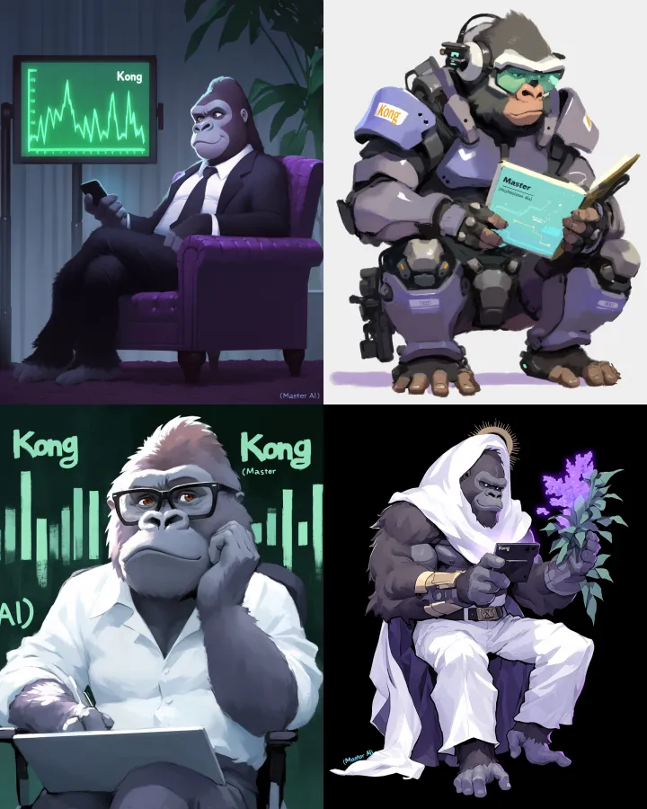a powerful, wise gorilla CEO AI character named "K