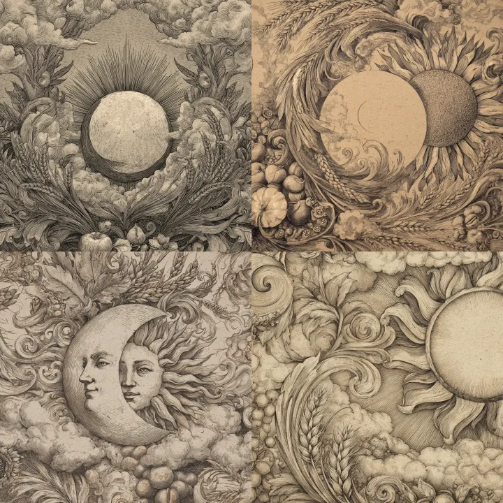 an intricate pencil drawing of the sun and moon, s