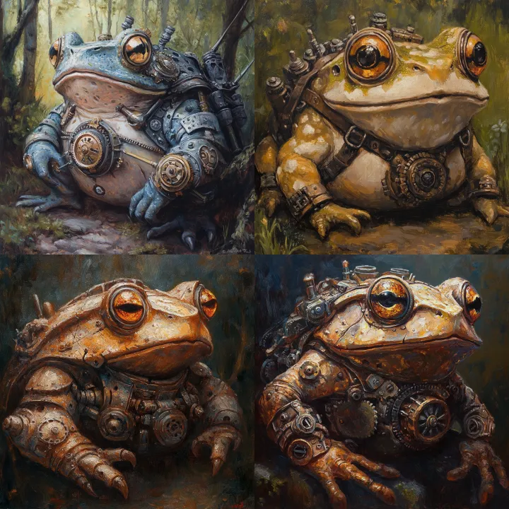 Oil Painting of a Clockwork Toad , in the style of