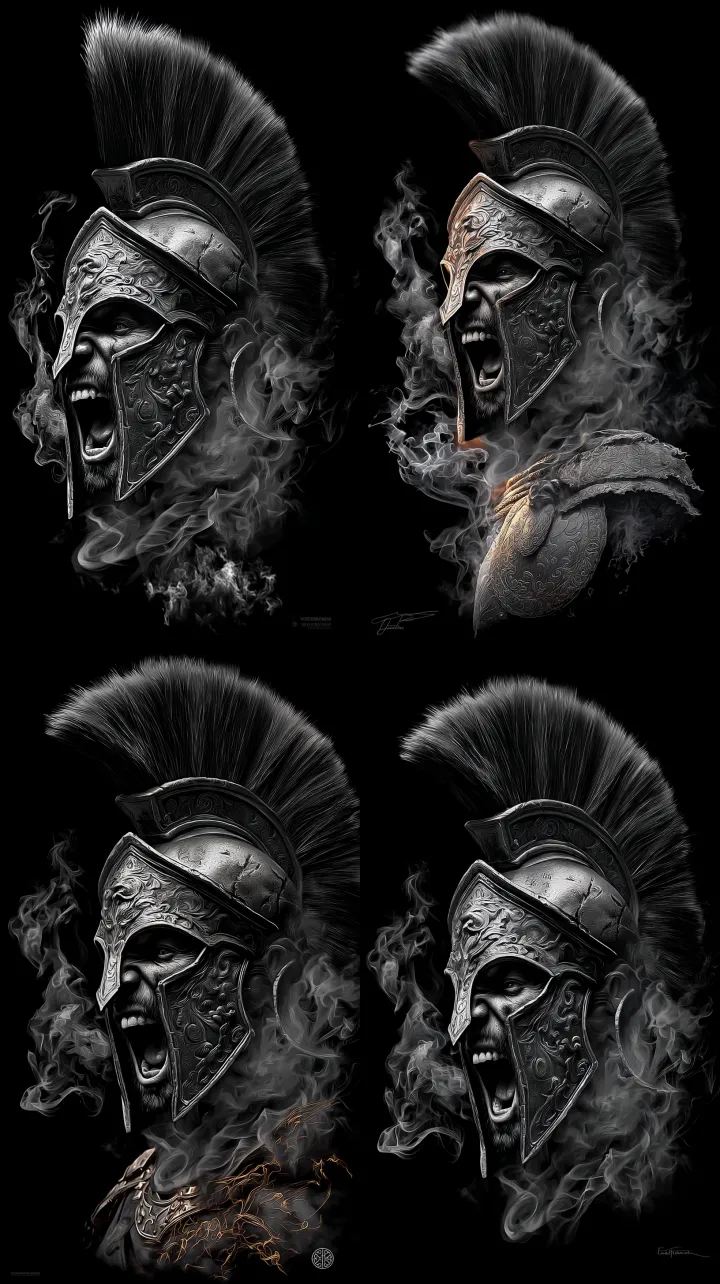 A fierce Spartan warrior screams in battle, wearin