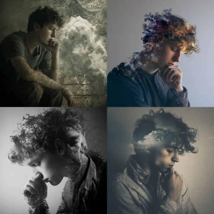 a surreal photograph of a young man thinking about