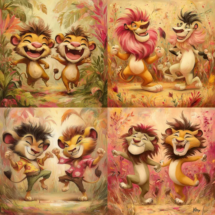 caricature, comic art, dancing lions on a clearing