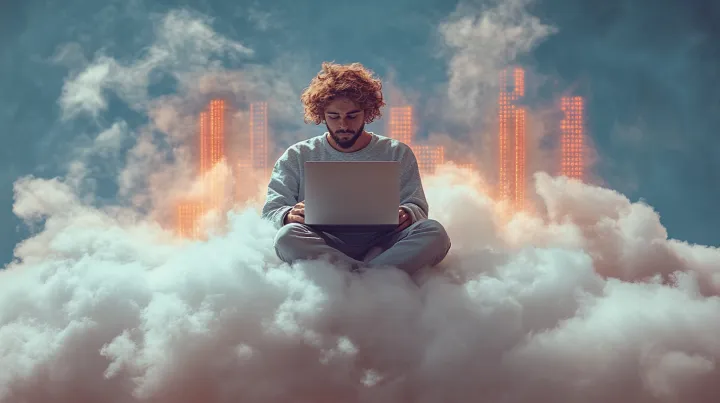 a creative man sitting on a fluffy white cloud, ty