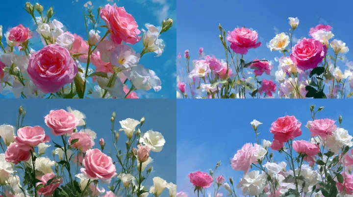 Painting style, under a bright blue sky, large blo