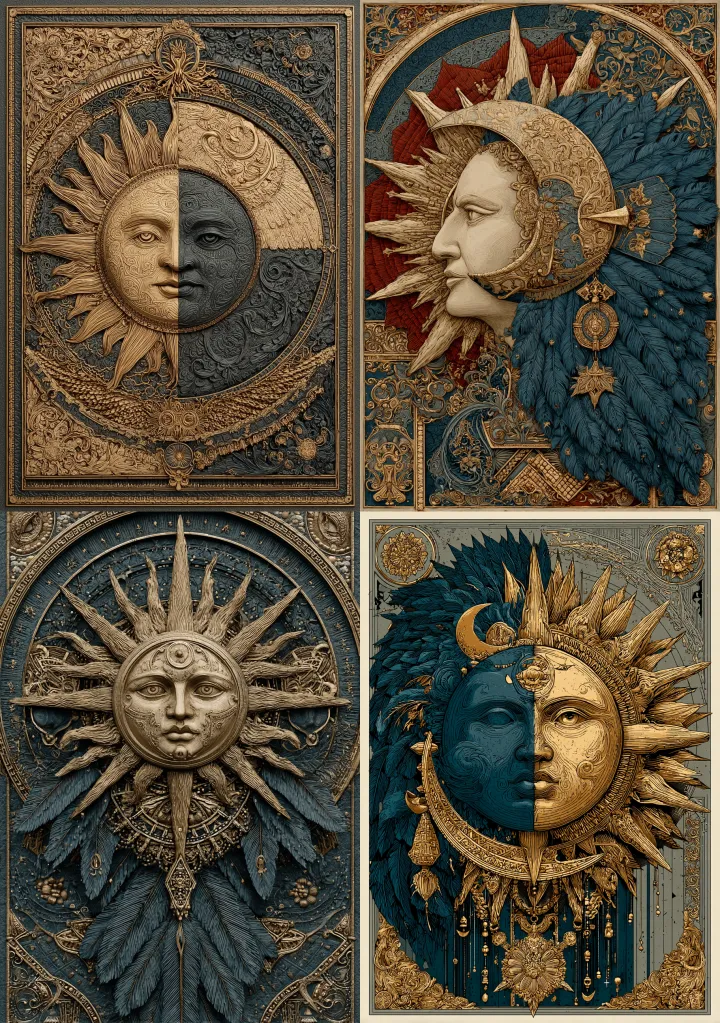 A mystical design with ornate fire sun and water m