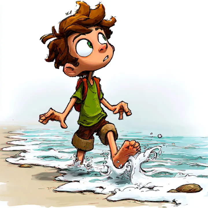 Cartoon style illustration of a boy trying the sea