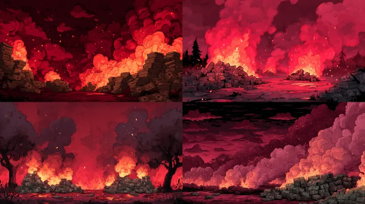 a cartoon-style outdoor scene with piles of money 