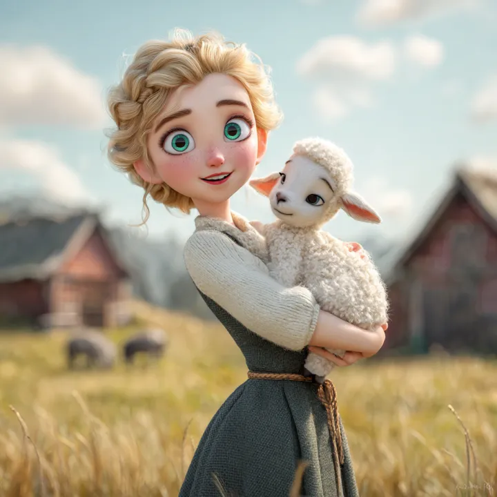 cartoon character, a cute blonde girl holding a la