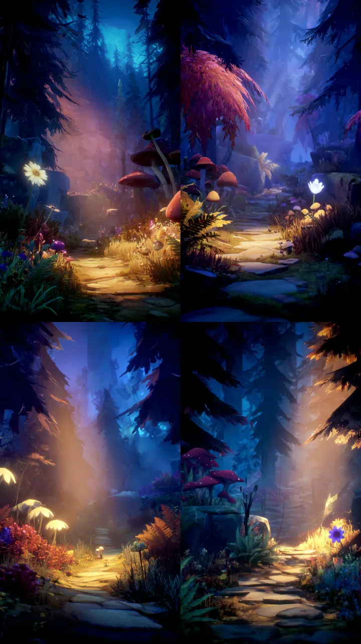 a path that winds through a lush, magical forest a
