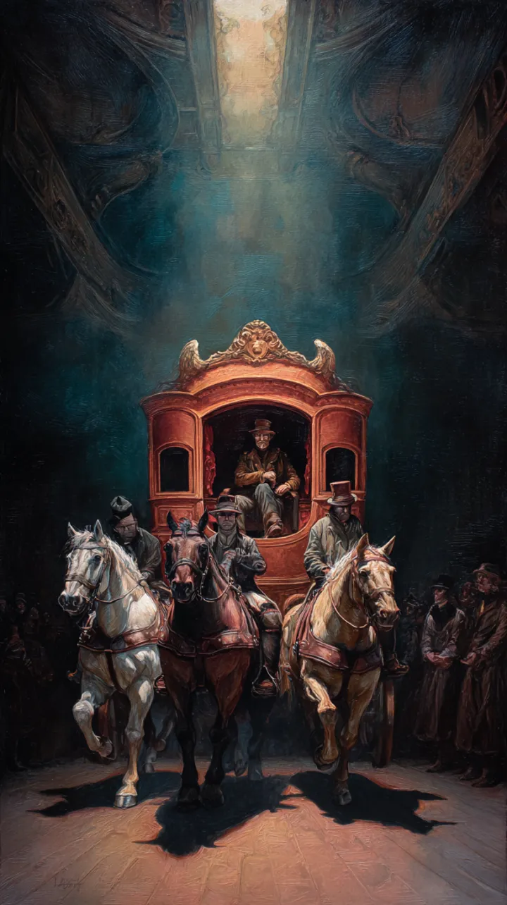 The Grand Hoax, storybook illustration, oil painti