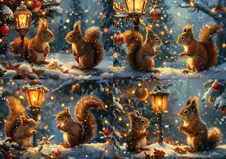 Christmas card with two squirrels , lantern and Ch