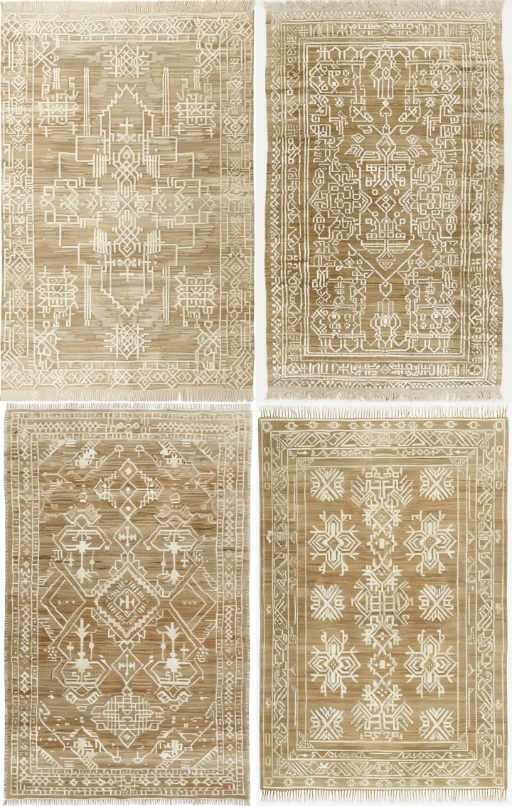 a beige rug with intricate white embroidery patter