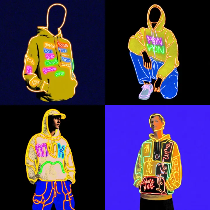 Yellow hoodie model with neon letters on dark back