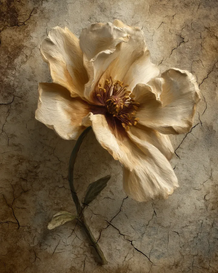single antique flower on aged canvas, sculpted wit