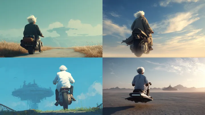 back shot of elderly man riding hover bike, facing