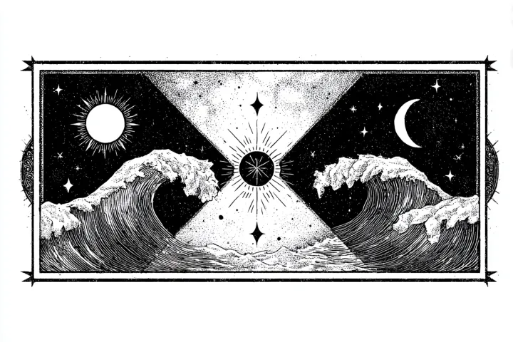 simple naive linocut style two waves coming in eac