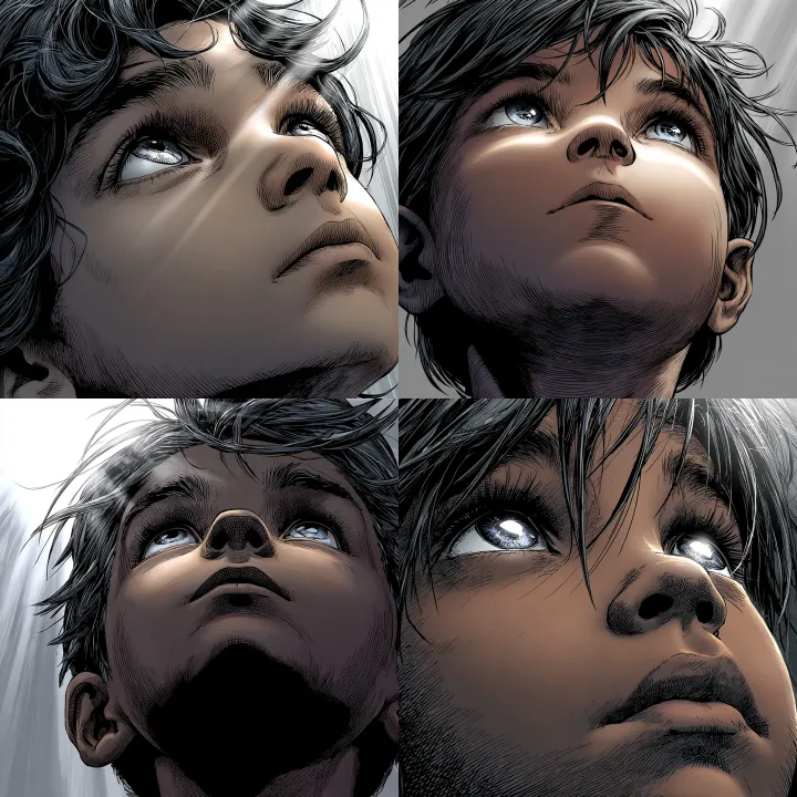 boy looking up. closeup portrait, --sref 340349045