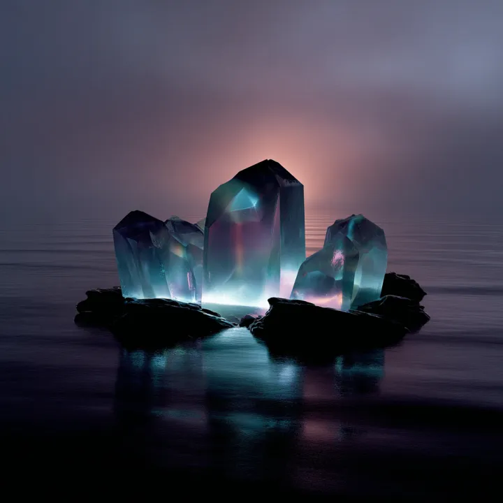 An island phasing between realities, glowing with 