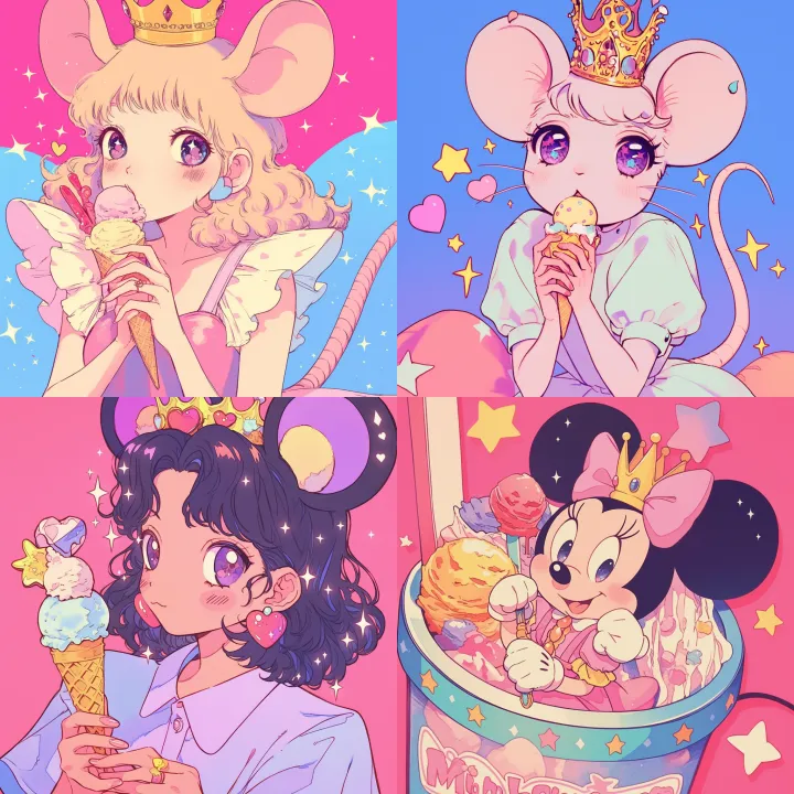 mini mouse with a crown holding a icecream in a he