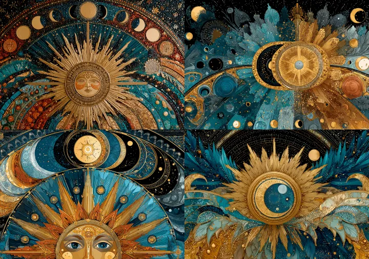 A bohemian celestial mandala with geometric sun ra